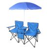 Double Folding Picnic Chairs w/Umbrella Mini Table Beverage Holder Carrying Bag for Beach Patio Pool Park Outdoor Portable Camping Chair (Blue)