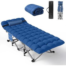 Folding Camping Cot for Adults with Mattress, Portable Camp Cot Bed Sleeping Cots with Pillow & Carry Bag for Office, Home Nap (Color: blue Pad)