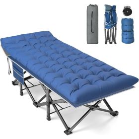 XXL Folding Camping Cot for Adults,79" L x 32" W x 19" H Camp Cot, Oversized Sleeping Cot with Mattress, Carry Bag, Strapping (Color: Blue Cot blue Pad)