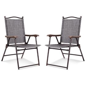 Set of 2 Patio Folding Sling Back Camping Deck Chairs (Color: Gray)